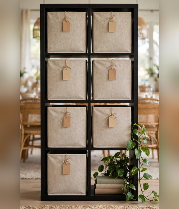 Fabric Bins in Cube Shelving – living room storage ideas