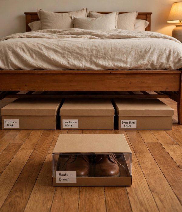 30 Bedroom Storage Ideas for Clothes, Shoes and Everything Else 7 Flat Shoe Boxes Under the Bed – bedroom storage ideas