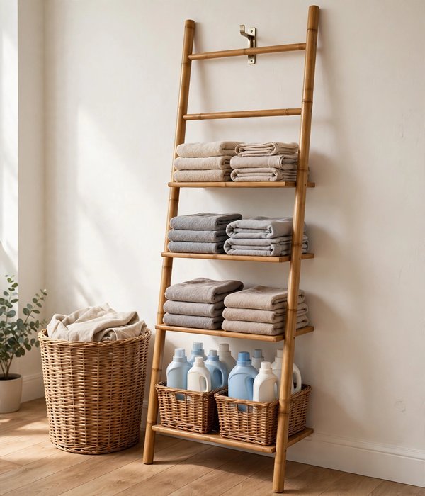 Floating Shelf Ladder – laundry room organization ideas