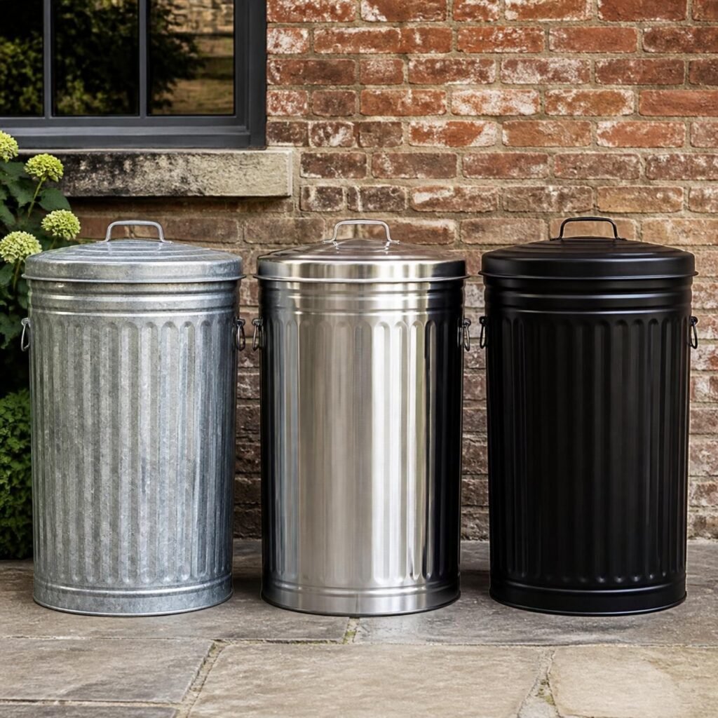 Top Metal Outdoor Trash Cans: My Complete Guide 1 Galvanized steel, stainless steel and powder-coated metal trash cans in a row