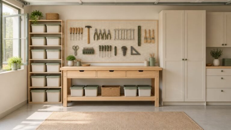 Organized garage with pegboard and bins