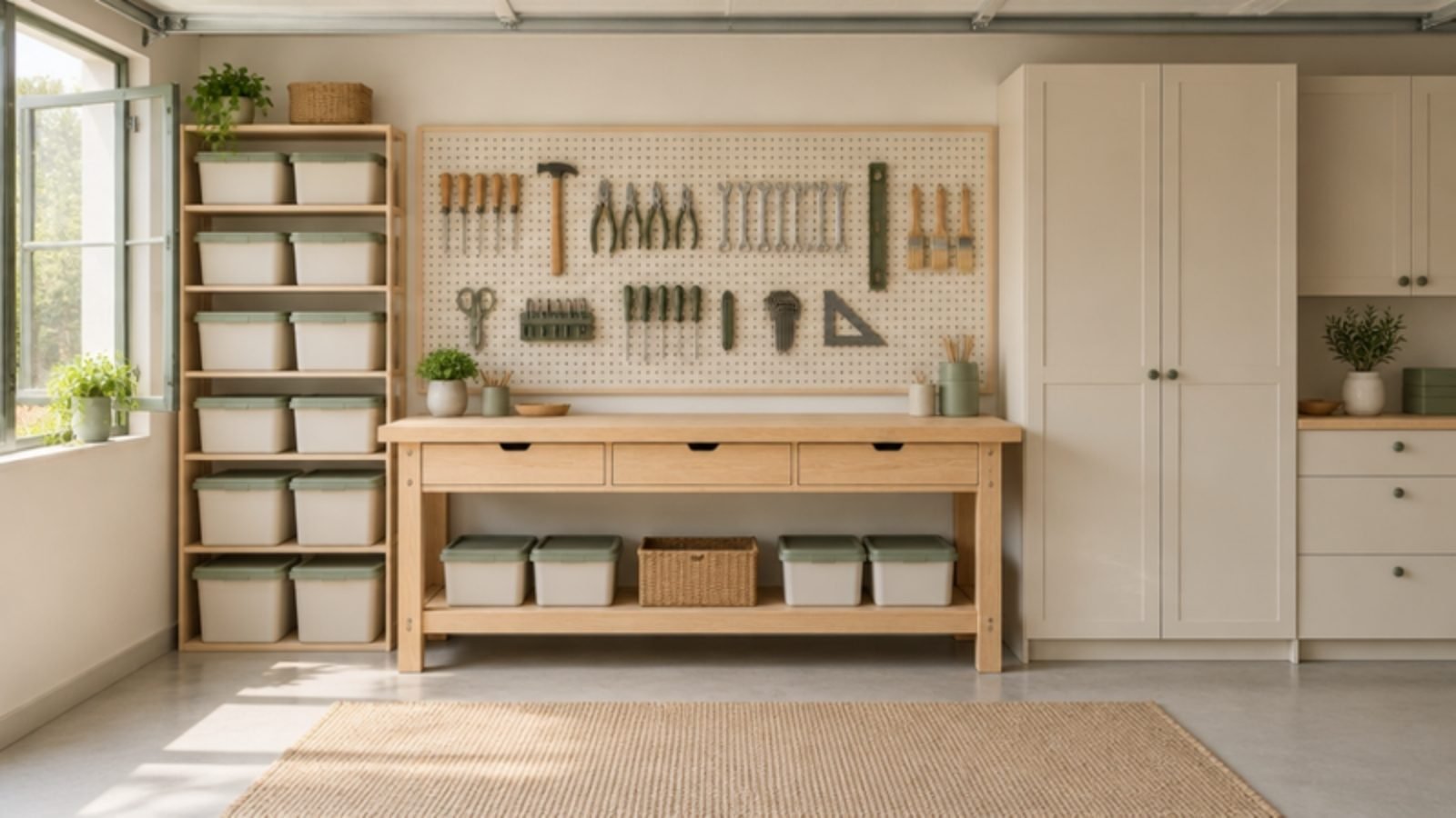 Organized garage with pegboard and bins