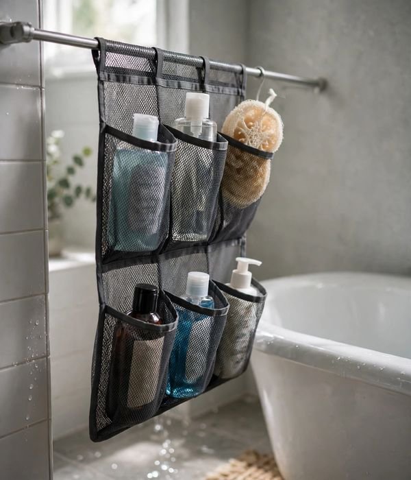 30 Bathroom Storage Ideas for Small and Large Bathrooms 14 Hanging mesh shower organizer with pockets – bathroom storage ideas