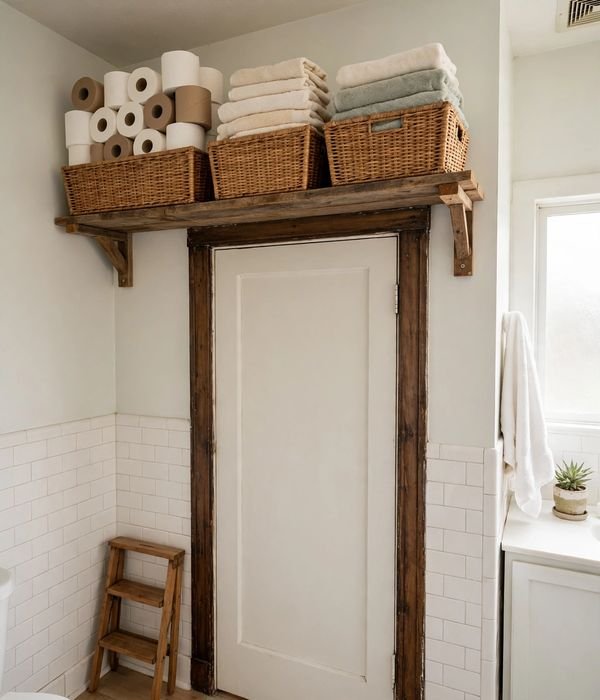 30 Bathroom Storage Ideas for Small and Large Bathrooms 32 High shelf above bathroom door with backstock bins