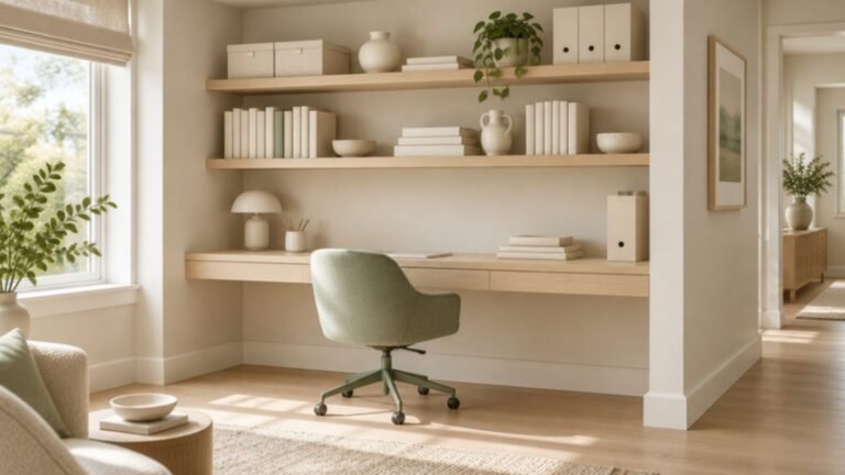 Home office nook with wall shelves