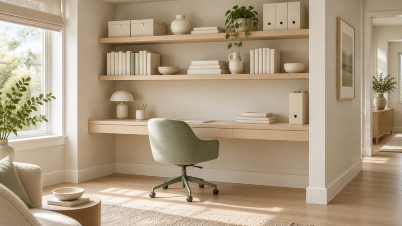 Home office nook with wall shelves