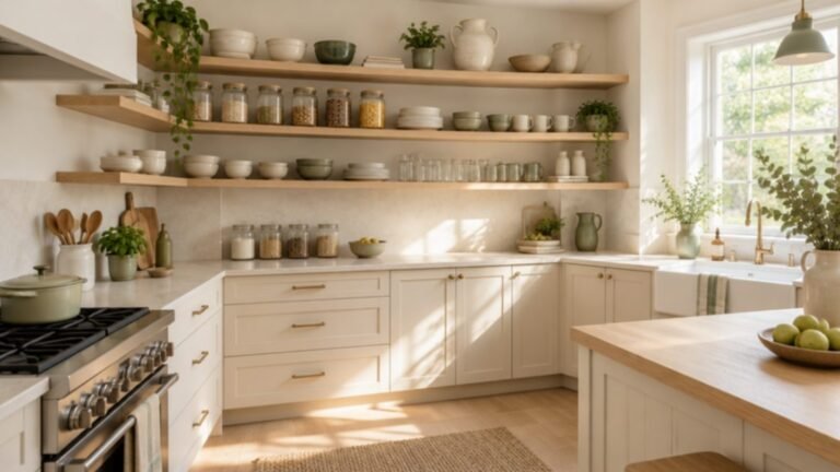 Organized kitchen with open shelves and glass jars