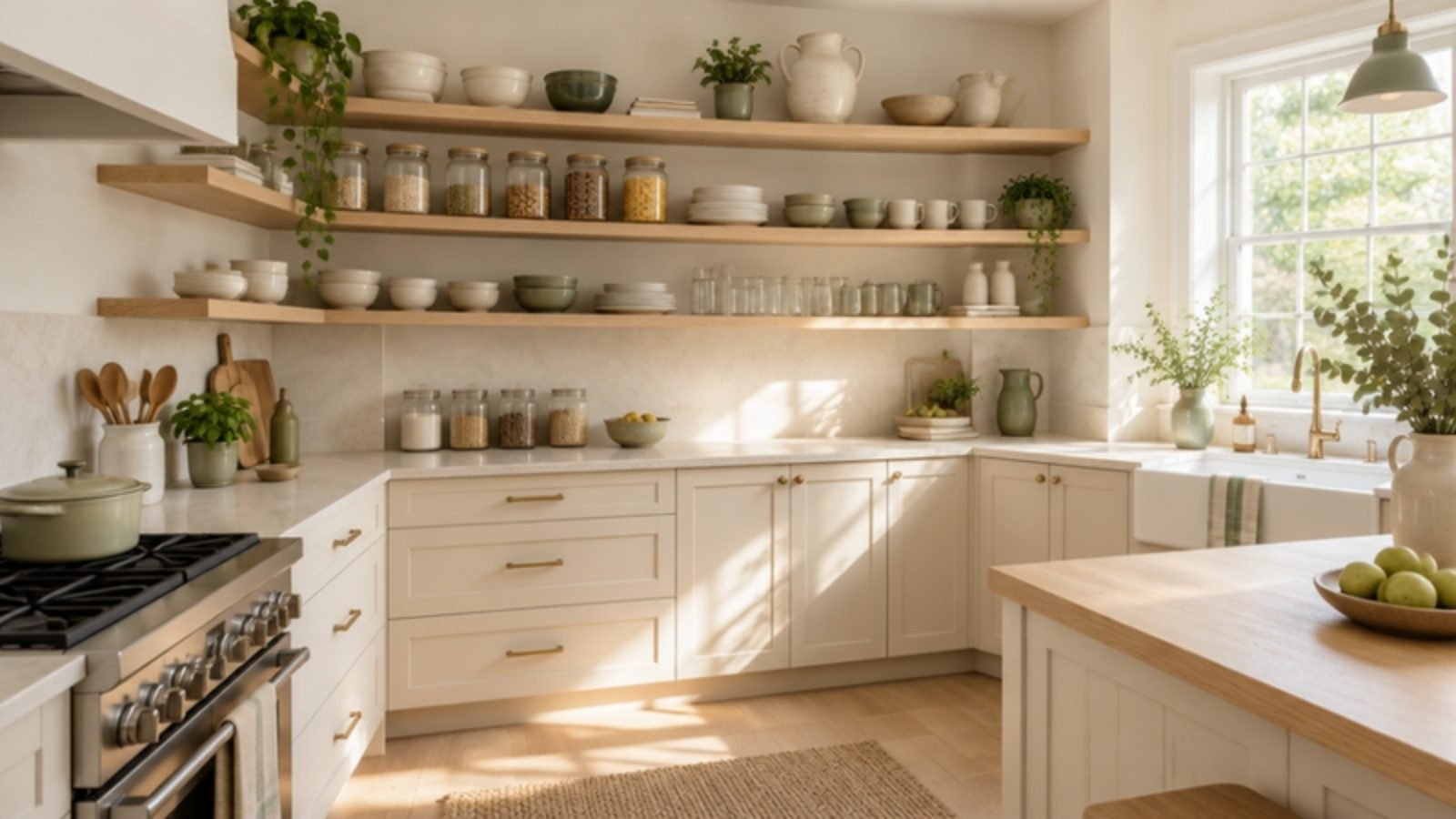 Organized kitchen with open shelves and glass jars