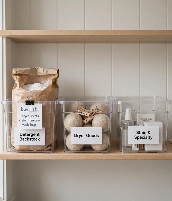 Labelled Backstock Bin System – laundry room organization ideas