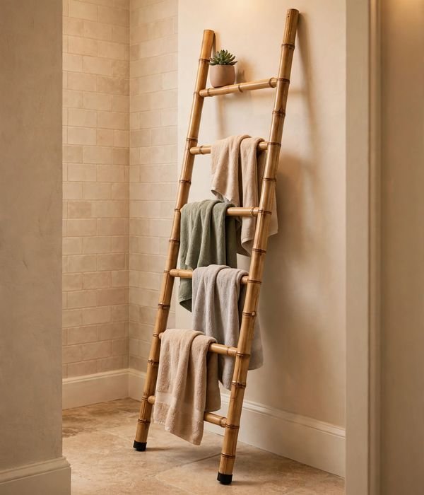30 Bathroom Storage Ideas for Small and Large Bathrooms 19 Bamboo leaning towel ladder