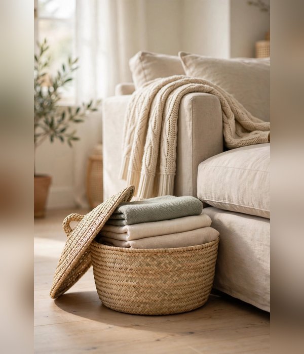 Lidded Seagrass Baskets for Throws – living room storage ideas
