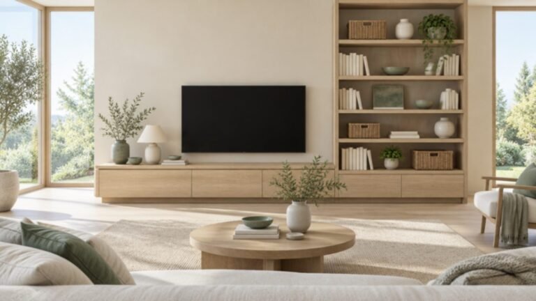 Tidy living room with media console and shelving