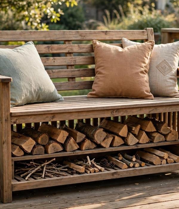 Log store bench – firewood storage outdoor