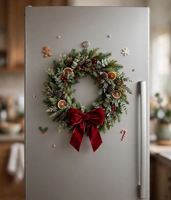10 Christmas Kitchen Decor Ideas That Don't Clutter Counters 5 Magnetic Wreath on the Fridge
