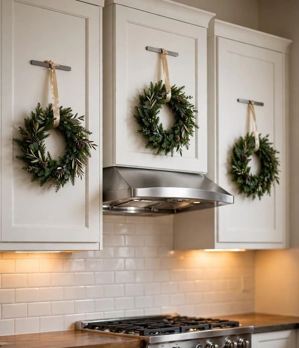 10 Christmas Kitchen Decor Ideas That Don't Clutter Counters 4 Mini Wreaths on Cabinet Doors