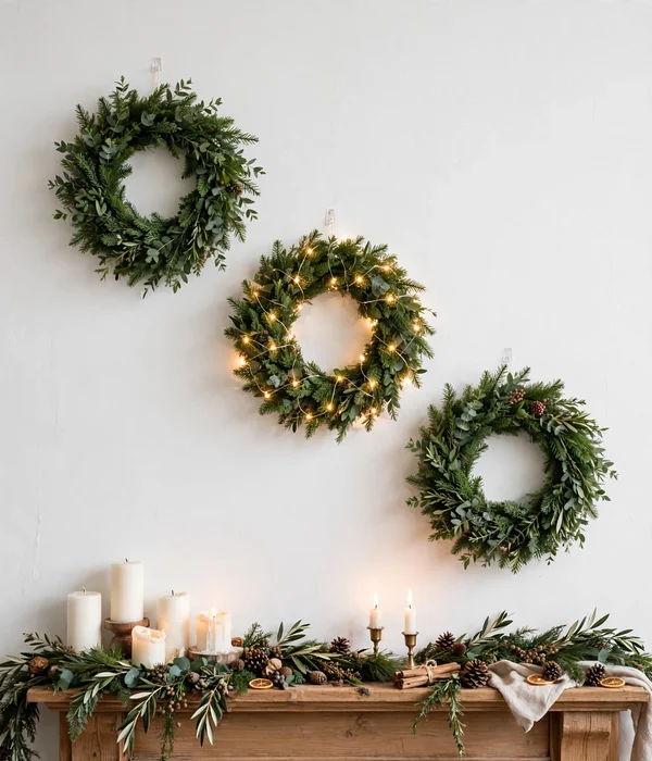 12 Christmas Mantel and Shelf Decor Ideas for Small Living Rooms 13 Mini Wreaths on Clear Hooks