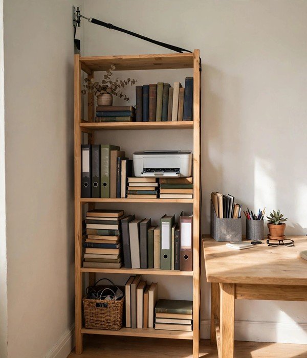 Narrow Bookcase Beside the Desk – home office storage ideas
