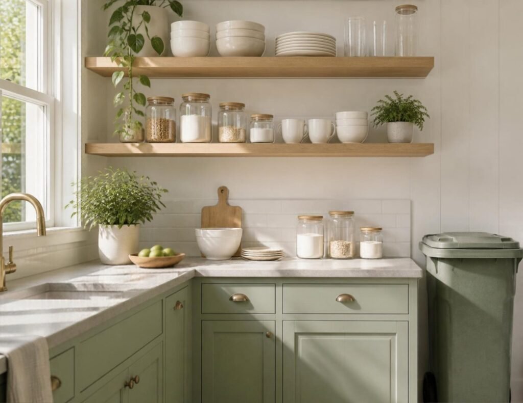Shelves vs Cabinets: Which Storage Works Best for Small Spaces? 3 Open wooden kitchen shelves styled with dishes, jars and plants