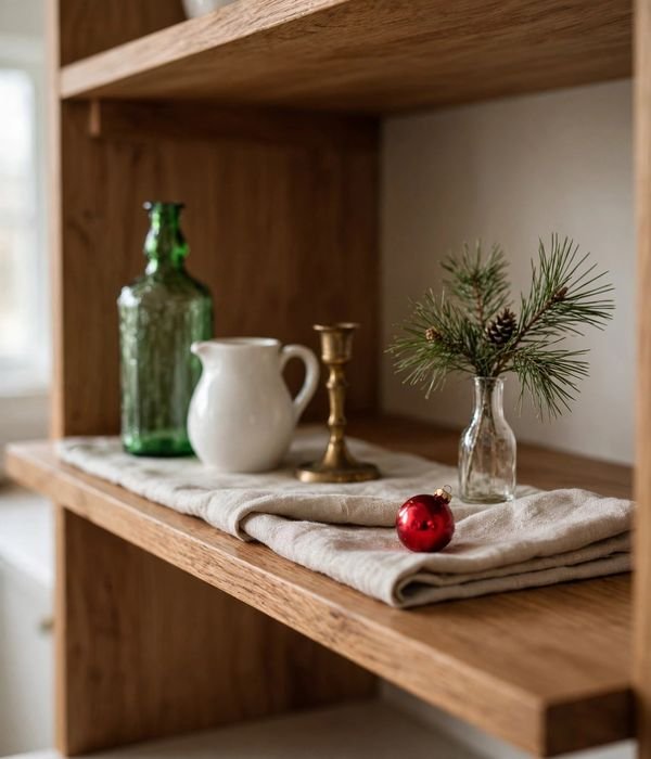 10 Christmas Kitchen Decor Ideas That Don't Clutter Counters 7 Open-Shelf Holiday Swap