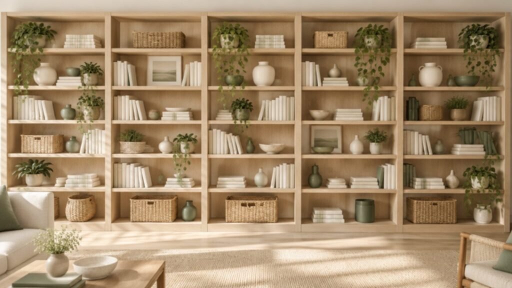Wall of shelving with baskets, books and plants