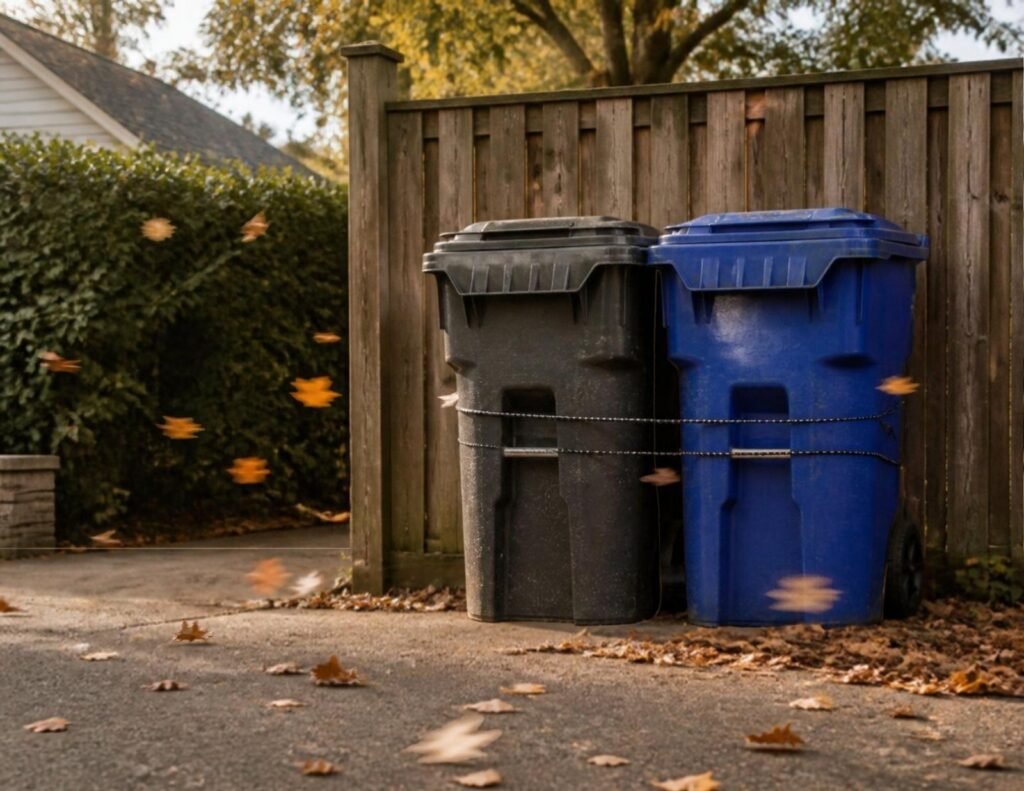 How to Secure Outdoor Trash Cans in Windy Conditions: My Practical Guide 1 Outdoor trash cans strapped to a wooden fence with bungee cords on a windy day