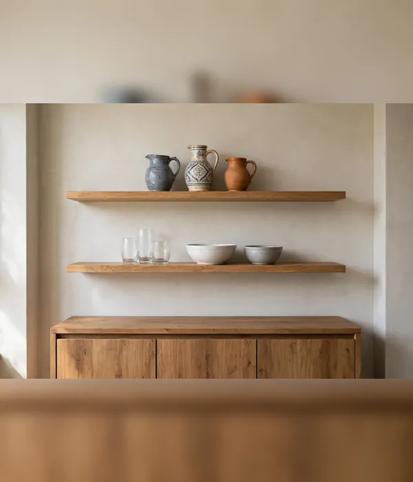 Over-Sideboard Floating Shelves – dining room storage ideas