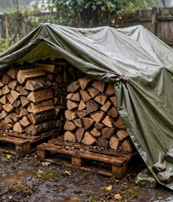 Pallet platform with tarp tent – firewood storage outdoor