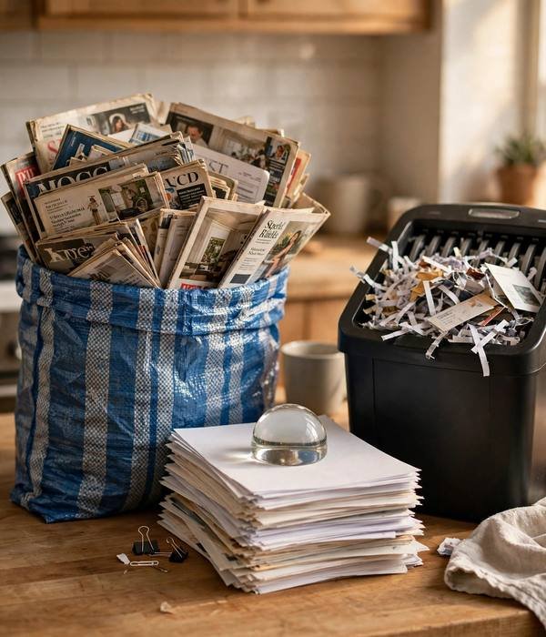 Pre-Christmas Declutter Checklist: 20 Things to Clear Before December 12 Paper and magazine piles recycled