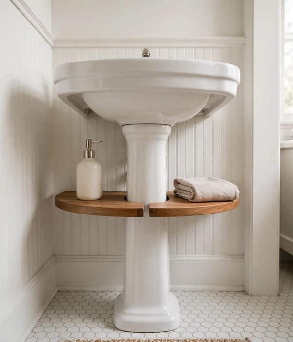 30 Bathroom Storage Ideas for Small and Large Bathrooms 7 Wrap-around pedestal sink shelf – bathroom storage ideas