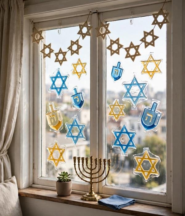 Renter-Safe Window Gels and Star of David Garlands – hanukkah decor small apartment
