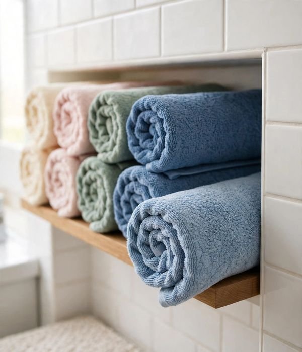30 Bathroom Storage Ideas for Small and Large Bathrooms 27 Rolled bath towels on shelf