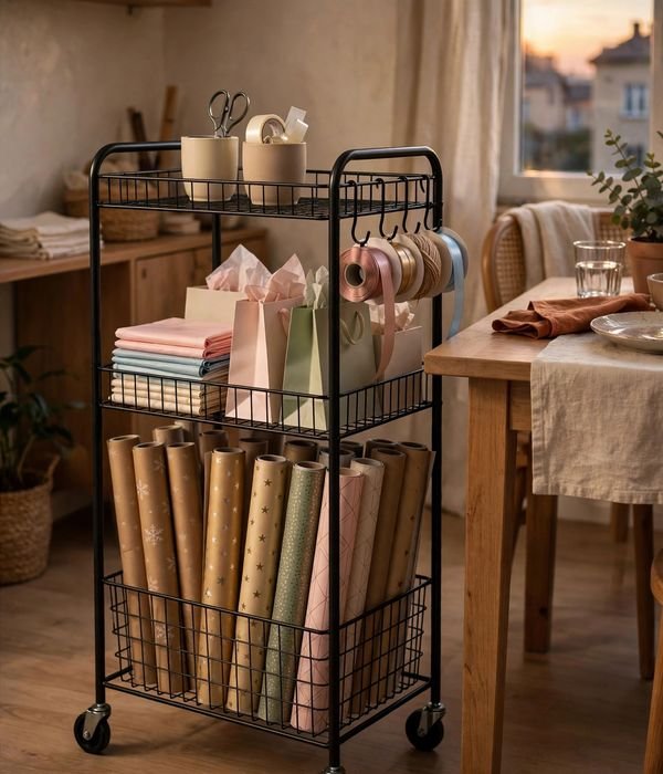 10 Wrapping Paper Storage Ideas for Closets and Carts 7 Rolling Gift Wrap Station Cart