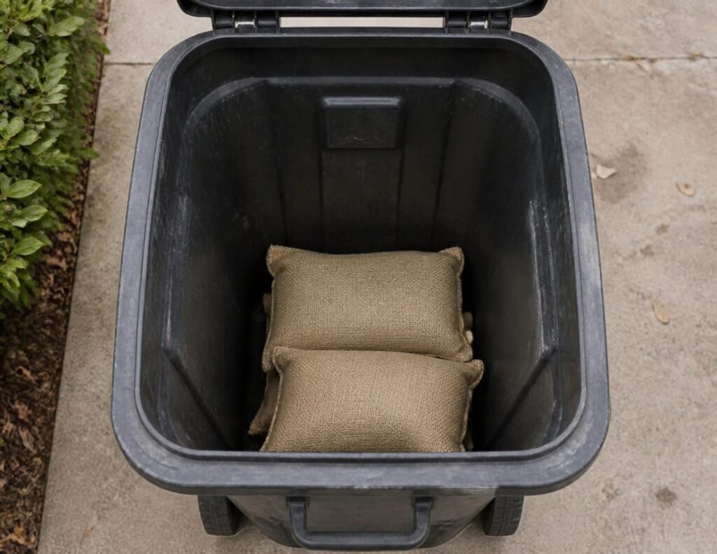How to Secure Outdoor Trash Cans in Windy Conditions: My Practical Guide 2 Sandbags placed in the bottom of an outdoor trash can to weigh it down