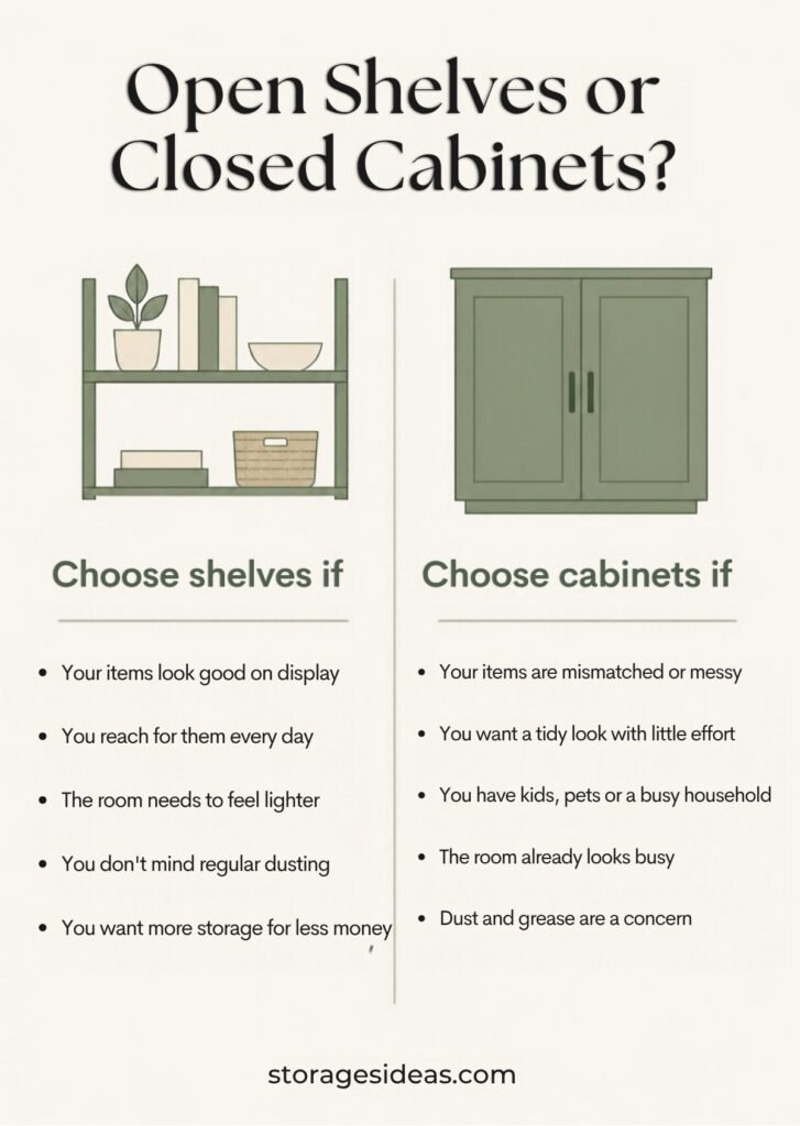 Shelves vs Cabinets: Which Storage Works Best for Small Spaces? 10 Infographic comparing when to choose open shelves and when to choose closed cabinets