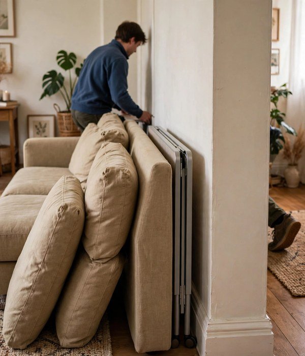 9 Extra Seating and Folding Table Storage Ideas for Holiday Hosting 8 Slide the Folded Table Behind the Sofa