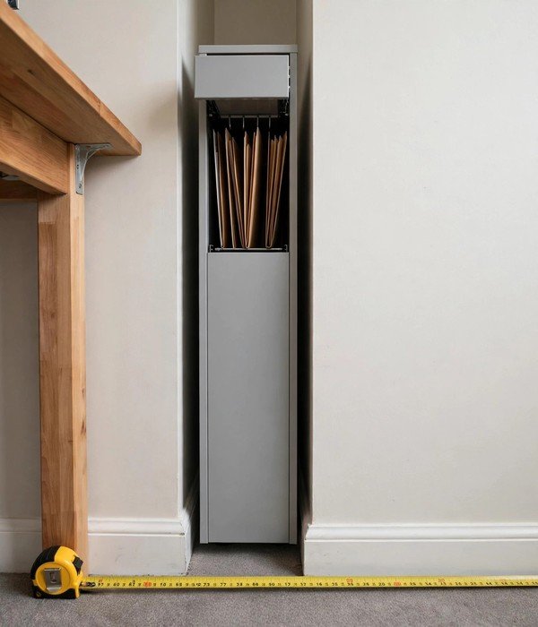Slim Filing Cabinet in the Desk–Wall Gap – home office storage ideas