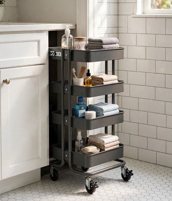 30 Bathroom Storage Ideas for Small and Large Bathrooms 6 Slim rolling gap cart beside vanity – bathroom storage ideas