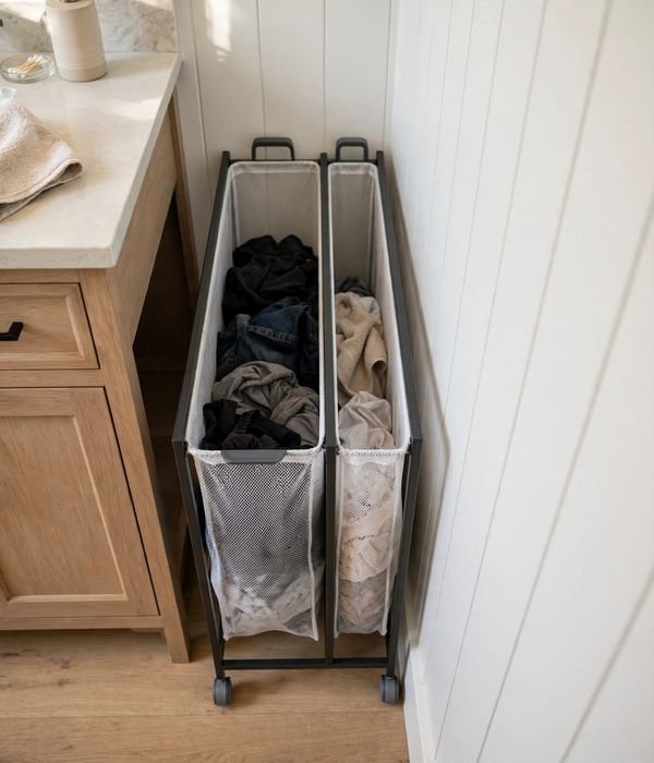 30 Bathroom Storage Ideas for Small and Large Bathrooms 29 Slim two-compartment rolling hamper