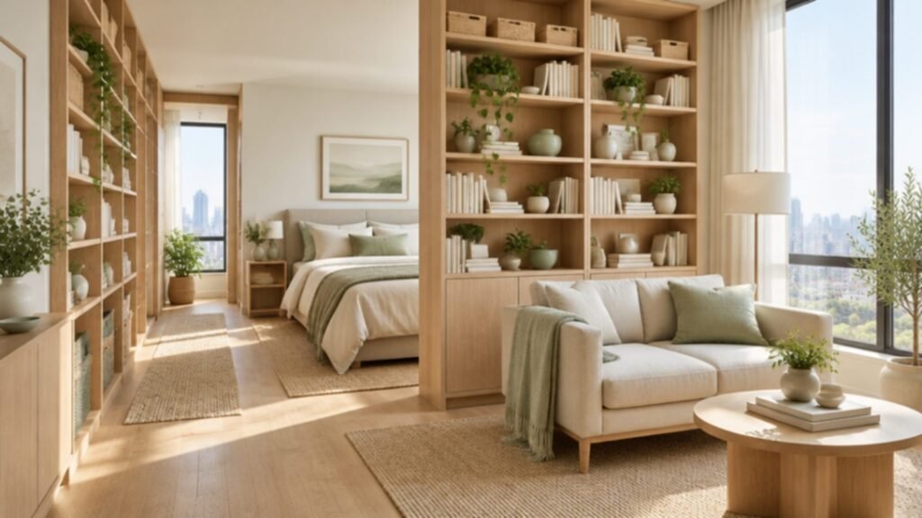 Small apartment with floor-to-ceiling shelving