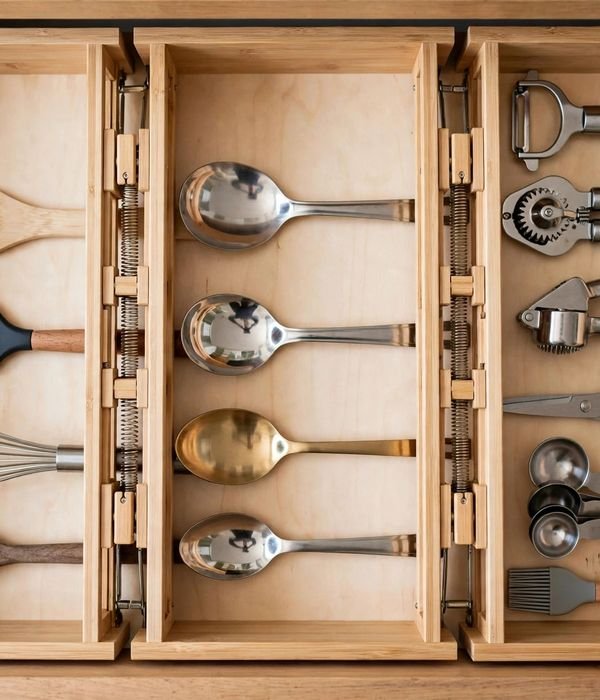 35 Kitchen Storage Ideas for Every Cabinet, Counter and Corner 10 Spring-Loaded Bamboo Dividers – kitchen storage ideas