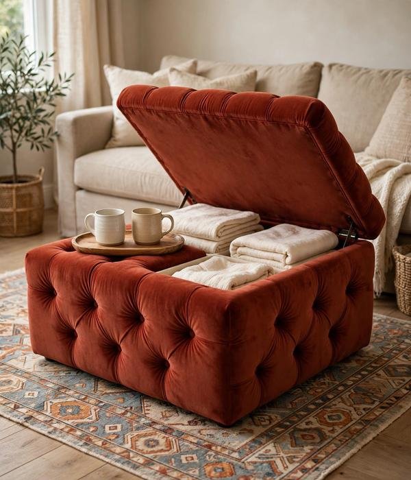 Storage Ottoman as Coffee Table – living room storage ideas