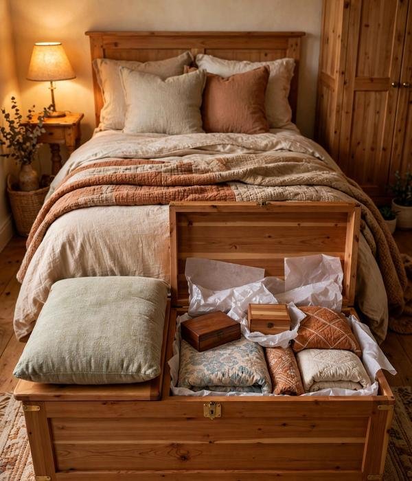 30 Bedroom Storage Ideas for Clothes, Shoes and Everything Else 30 Storage Trunk at the Bed's Foot