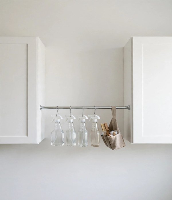 Tension Rod Between Cabinets – laundry room organization ideas