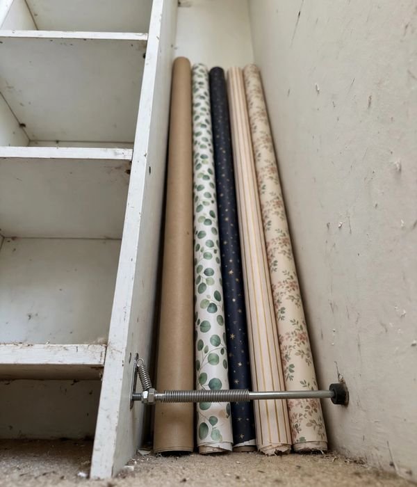 10 Wrapping Paper Storage Ideas for Closets and Carts 6 Tension-Rod Closet Nook – wrapping paper storage ideas
