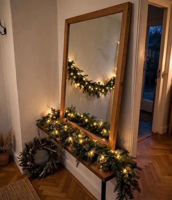 10 Christmas Entryway Decor Ideas for Small Spaces 7 Mirror reflecting Christmas garland and lights in entryway – christmas entryway decor