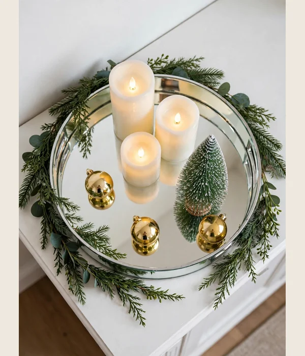 12 Christmas Mantel and Shelf Decor Ideas for Small Living Rooms 7 The One-Tray Method