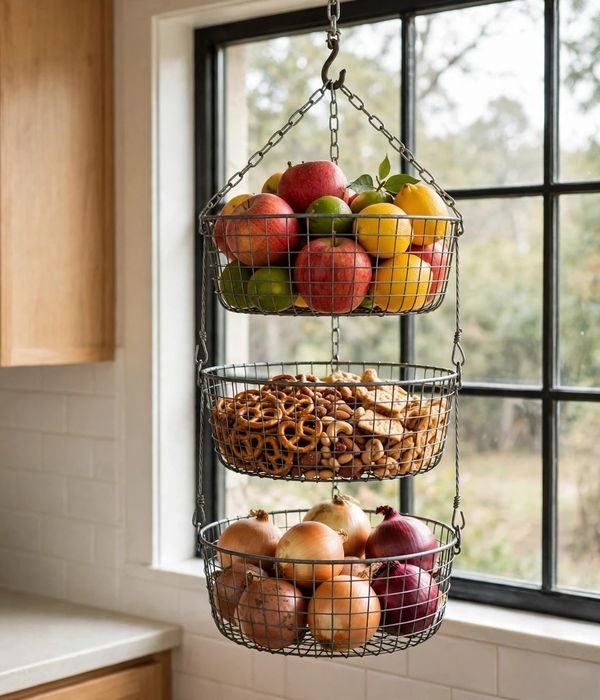 35 Kitchen Storage Ideas for Every Cabinet, Counter and Corner 30 Three-Tier Hanging Baskets – kitchen storage ideas