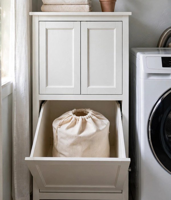 Tilt-Out Hamper Cabinet – laundry room organization ideas