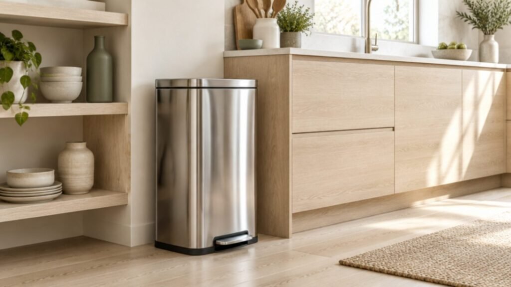 Stainless steel step trash can in a kitchen