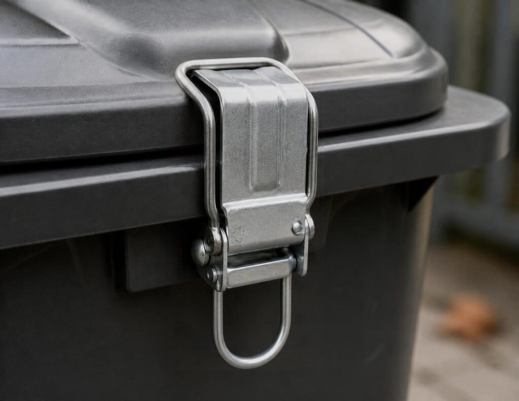 How to Secure Outdoor Trash Cans in Windy Conditions: My Practical Guide 3 Metal clip lock holding an outdoor trash can lid closed